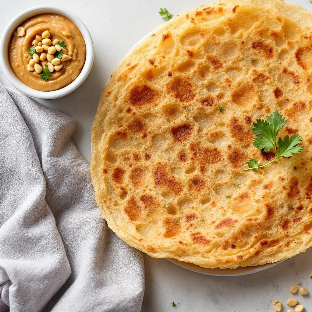 Lacy crispy rava dosa with roasted peanut chutney in a small steel bowl