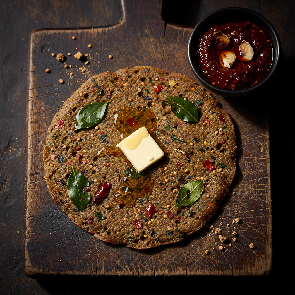 Thick adai lentil dosa with butter melting and burnt garlic red chili chutney
