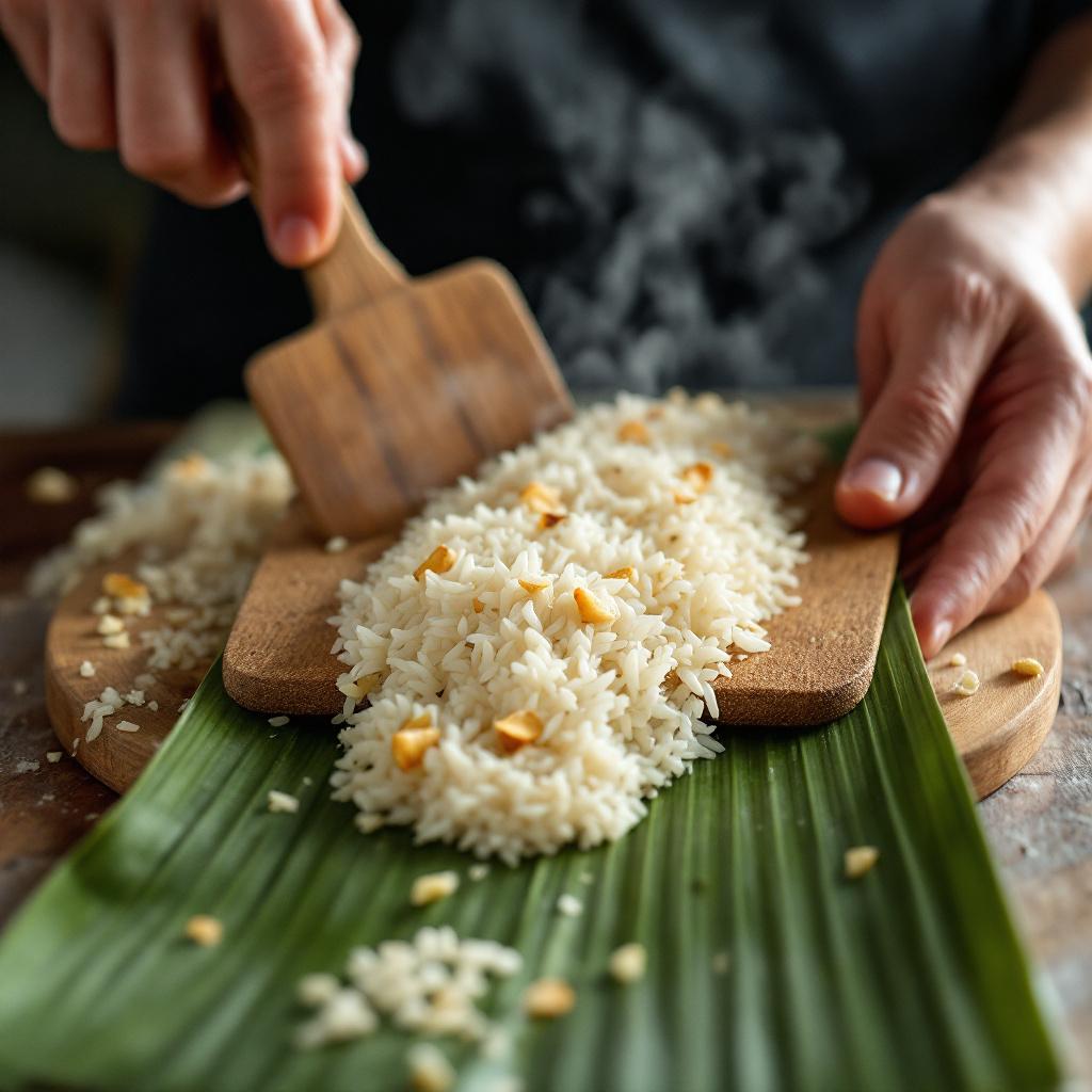 Close-up of hands piling jasmine rice in a long ridge down the center of banana leaves