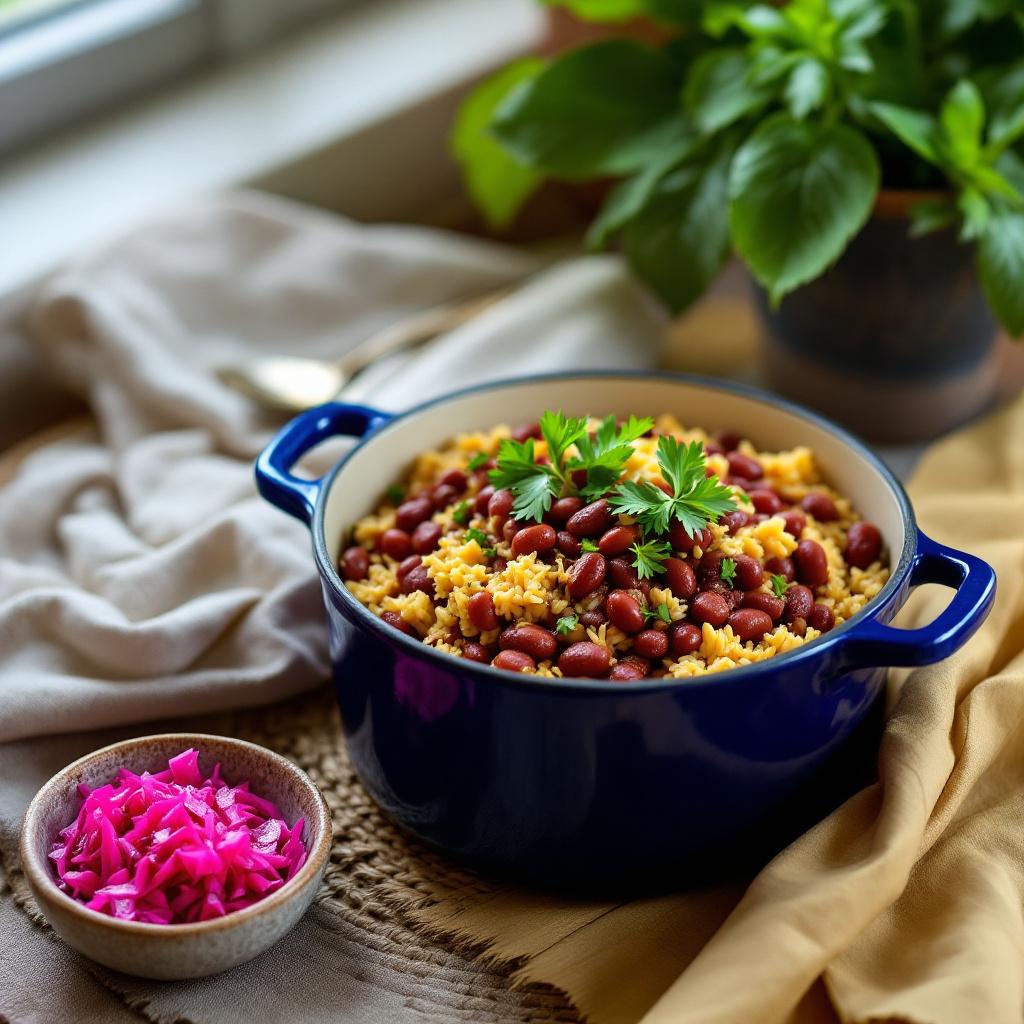 Haitian diri ak pwa kole in a deep blue enameled pot with parsley and a side of pikliz