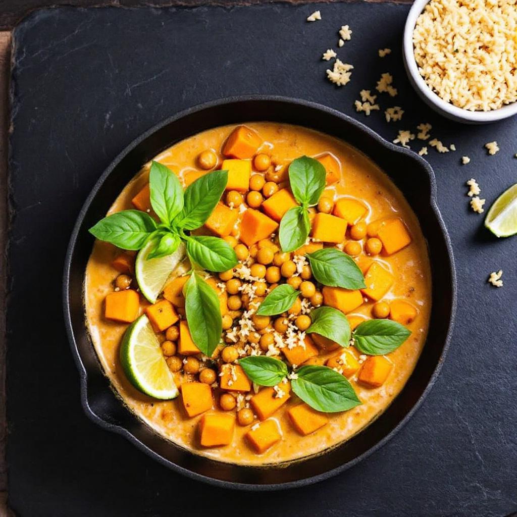 A shallow skillet of Thai red curry with chickpeas and orange sweet potato cubes, finished with Thai basil and lime