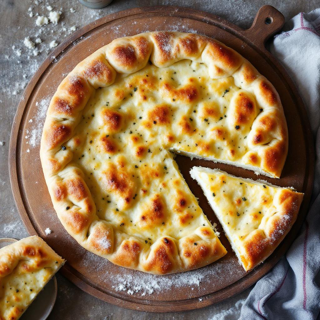 Round Imeruli khachapuri with golden freckled crust on a wooden board