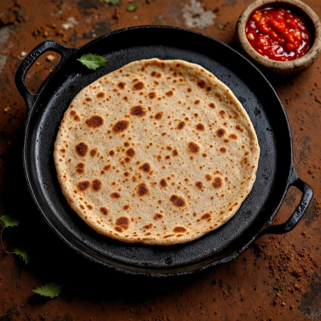 Round jowar bhakri puffed and slightly charred on a cast iron tawa, garlic chutney alongside