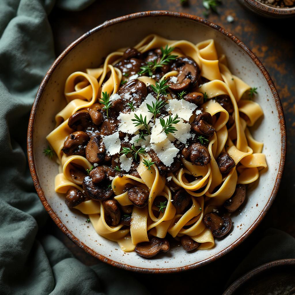 Wide pappardelle ribbons coated in dark mushroom ragu with thyme and Parmesan shavings