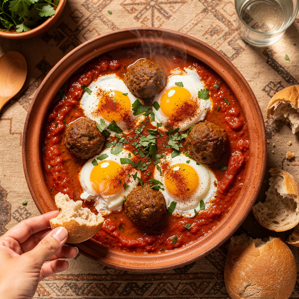 Moroccan kefta meatball tagine with tomato sauce and poached eggs
