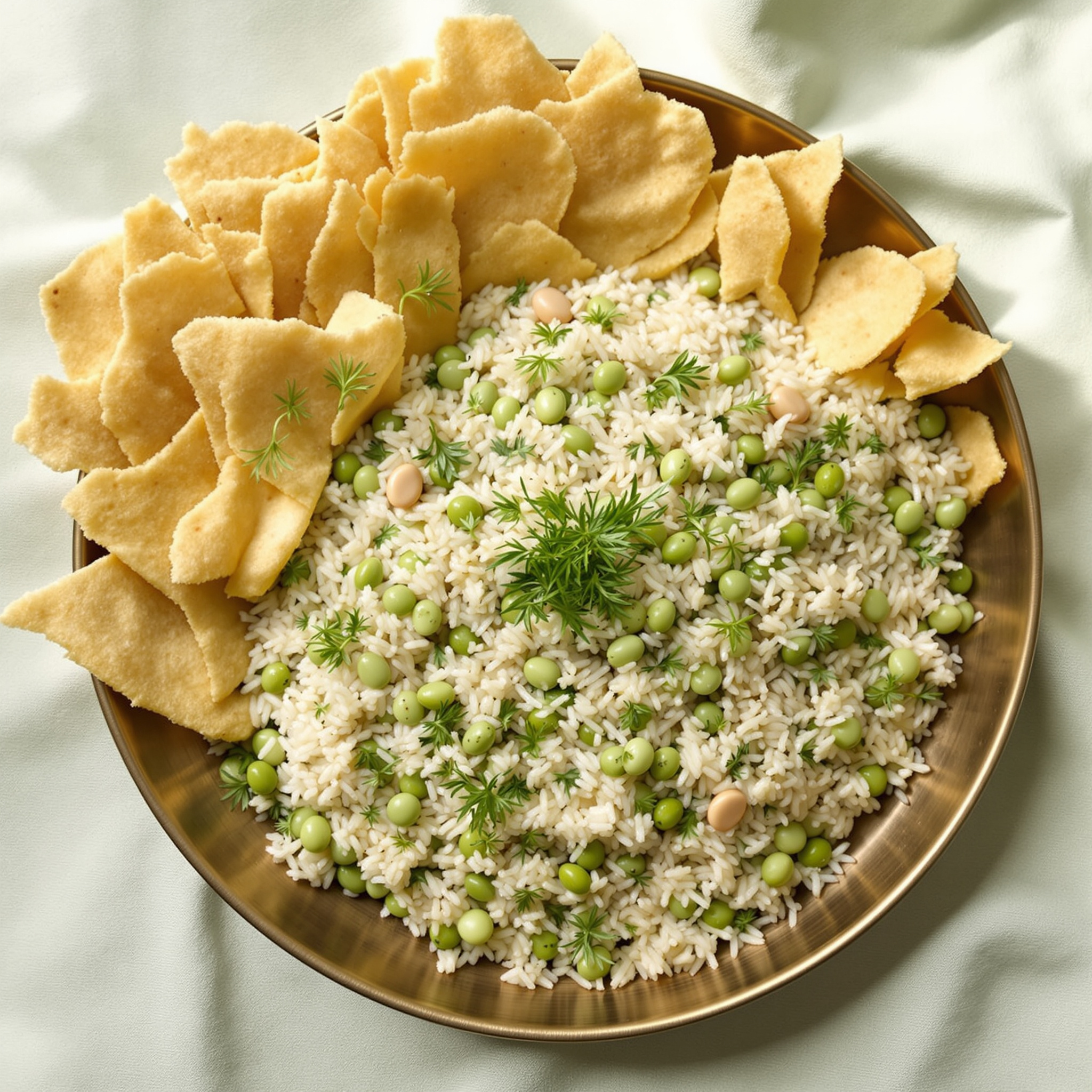 Baghali polo green dill and fava rice on platter with crisp lavash tahdig pieces