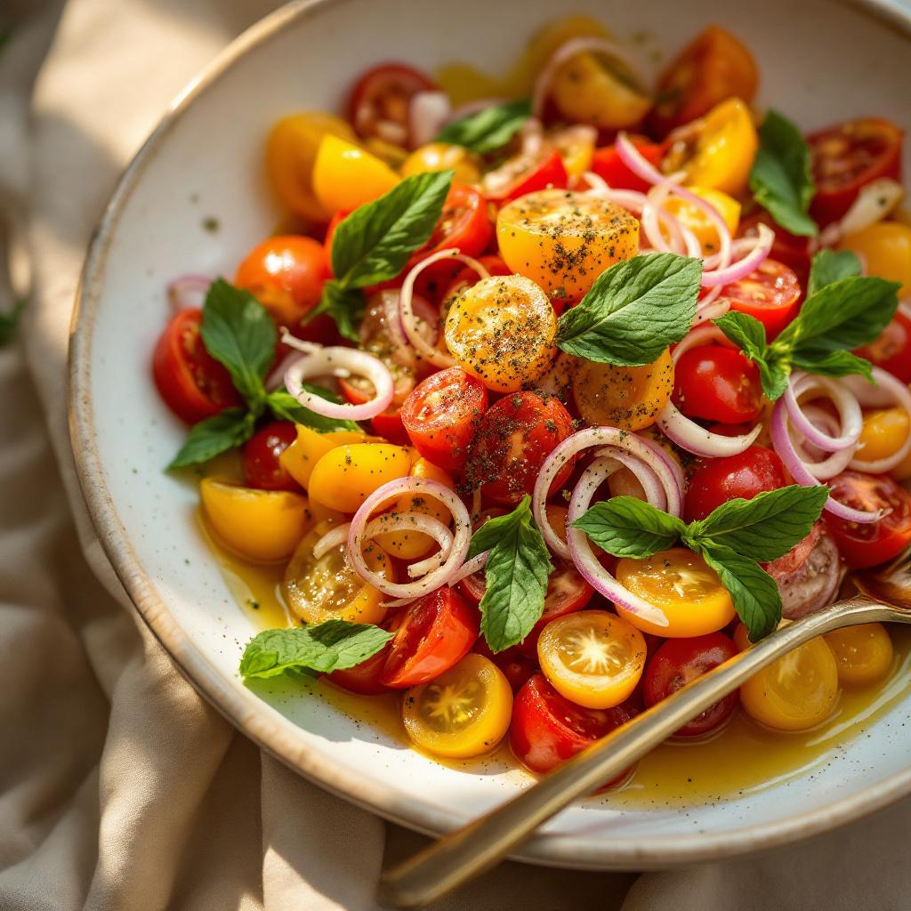 Heirloom tomato salad with sumac onion and torn mint in a ceramic bowl