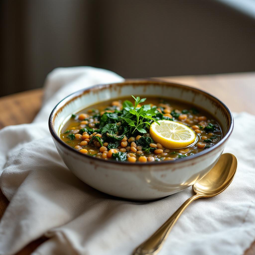 A deep bowl of Lebanese lentil and spinach soup with a bright wedge of lemon and a drizzle of olive oil on a linen-draped table