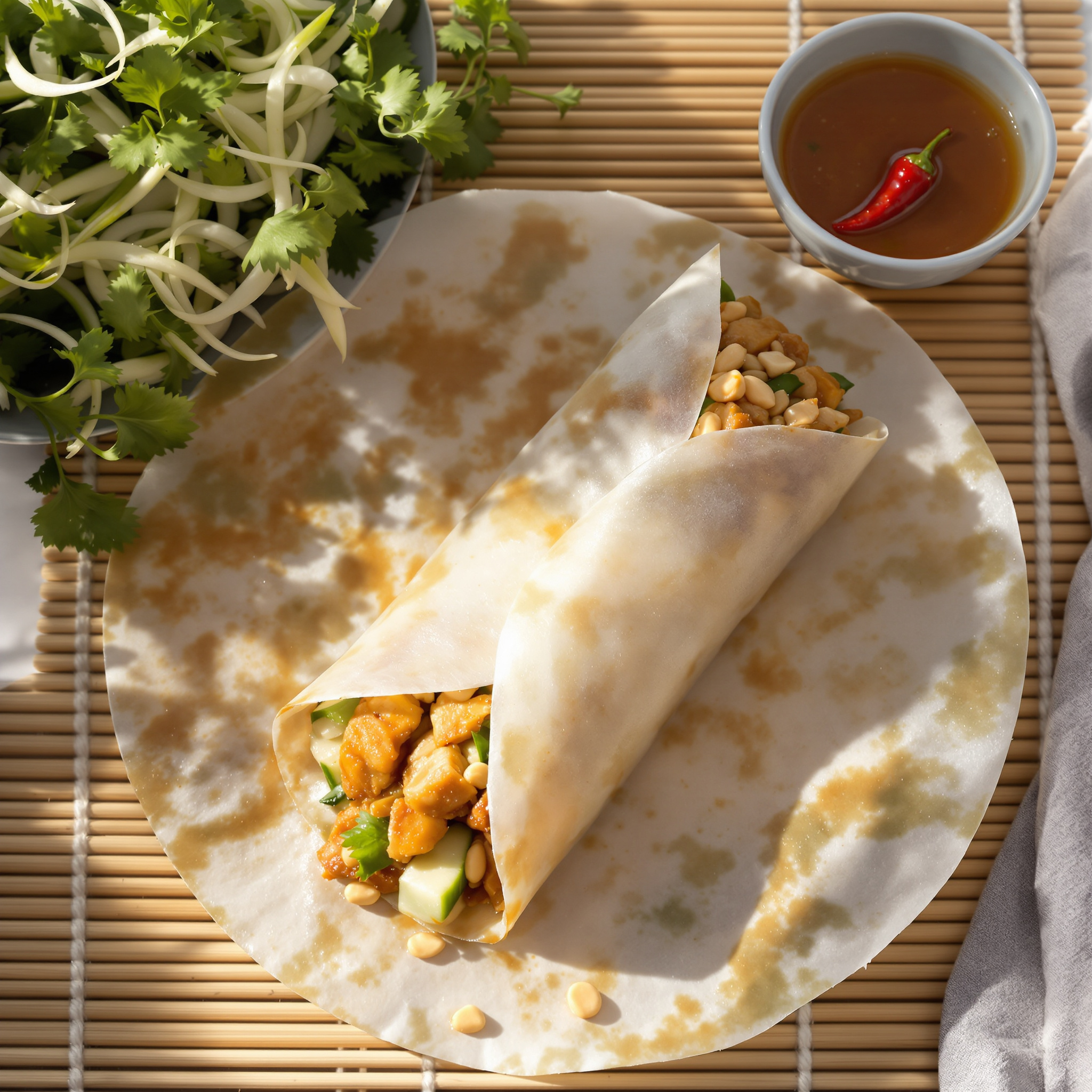 Lemongrass chicken rice paper roll with caramelized chicken pieces and crushed peanuts visible
