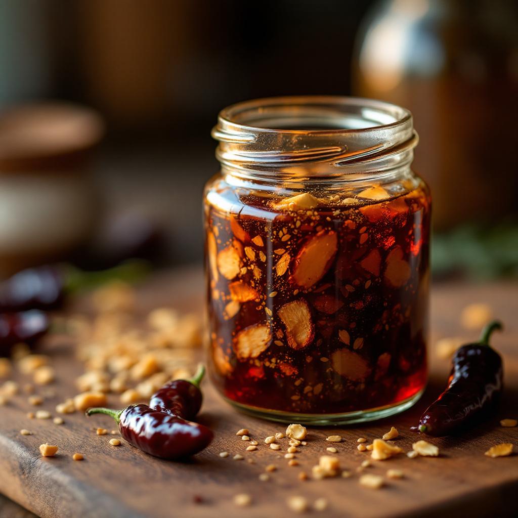 Dark red chile oil salsa macha in a glass jar with visible seeds, nuts, and toasted garlic