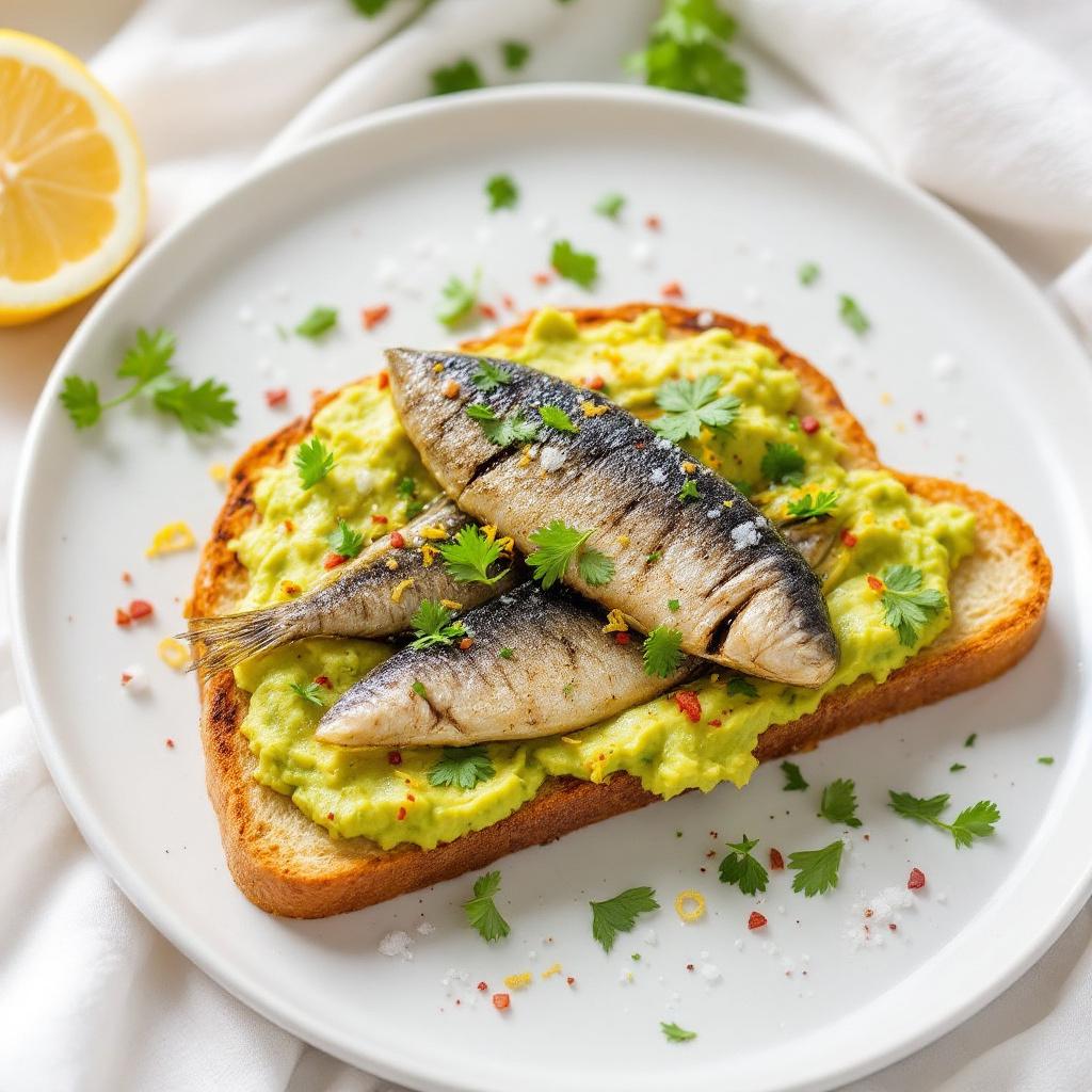 Smashed avocado tartine topped with sardine fillets and lemon zest