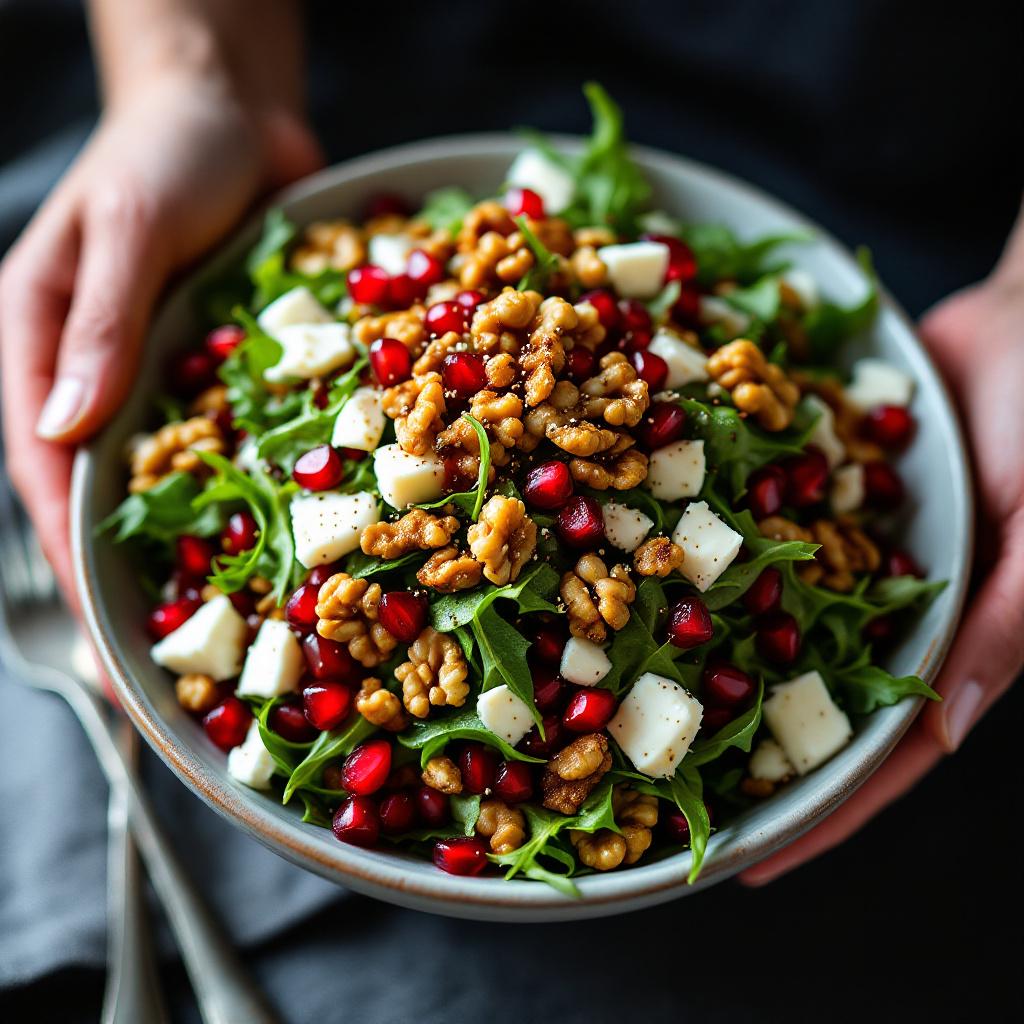 Wild arugula salad with pomegranate seeds, walnuts and shaved white cheese