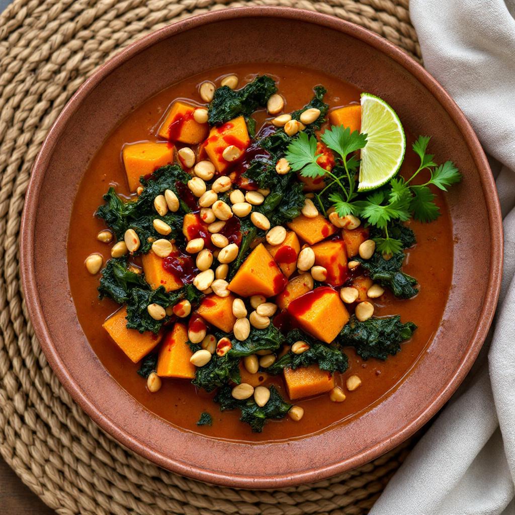 A bowl of Senegalese-style peanut stew with sweet potato, kale and a drizzle of chili oil on a textured ceramic plate