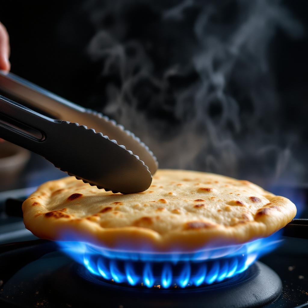 Whole wheat phulka puffing into a sphere over a blue gas flame in a home kitchen