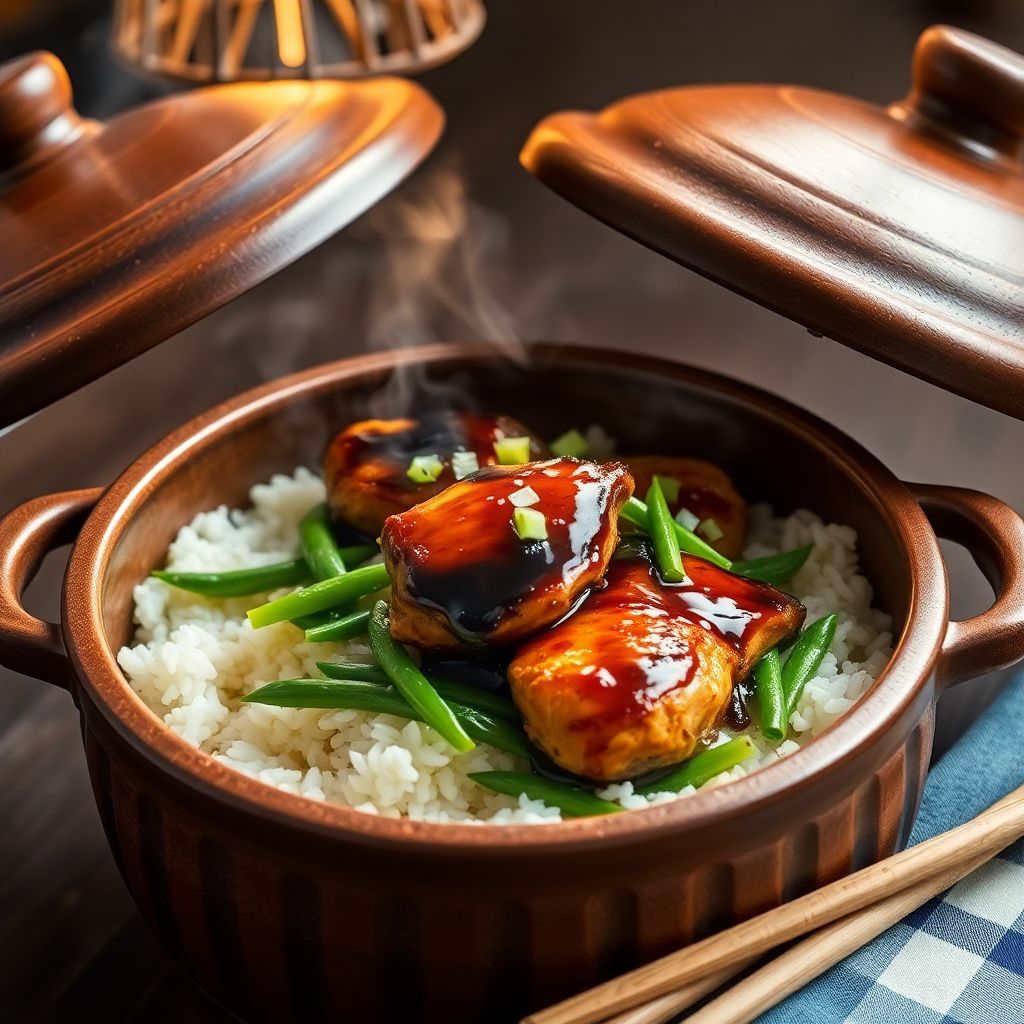 A donabe pot of glossy chicken thighs over rice with edamame and scallions
