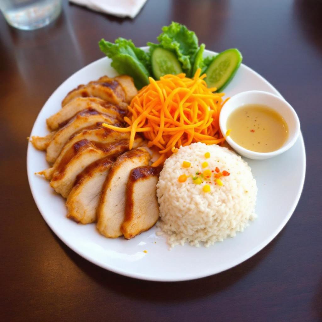 Plate of Vietnamese broken rice with grilled lemongrass chicken, pickled carrot and a small dish of nuoc cham