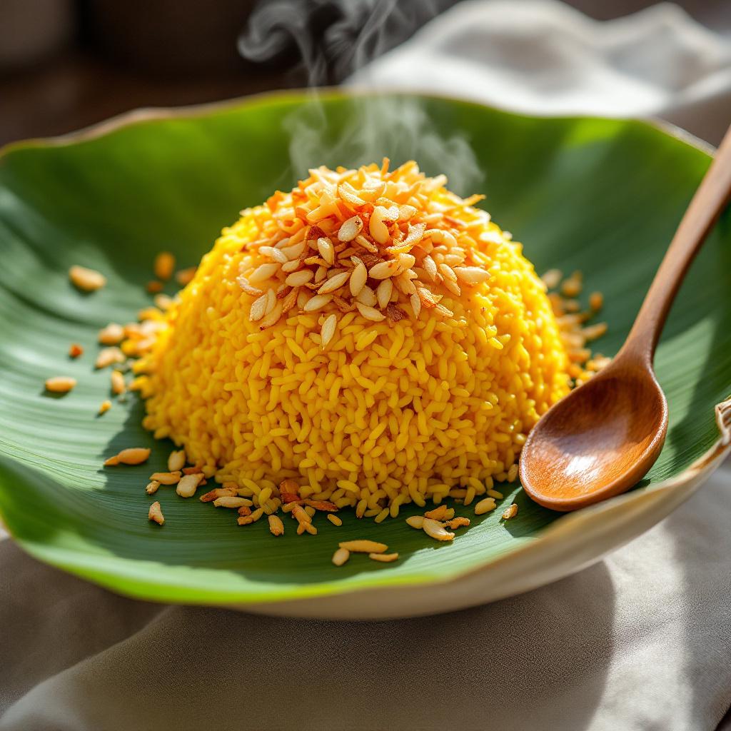 Vietnamese xoi xeo sticky rice with fried shallots and mung bean paste on a banana leaf
