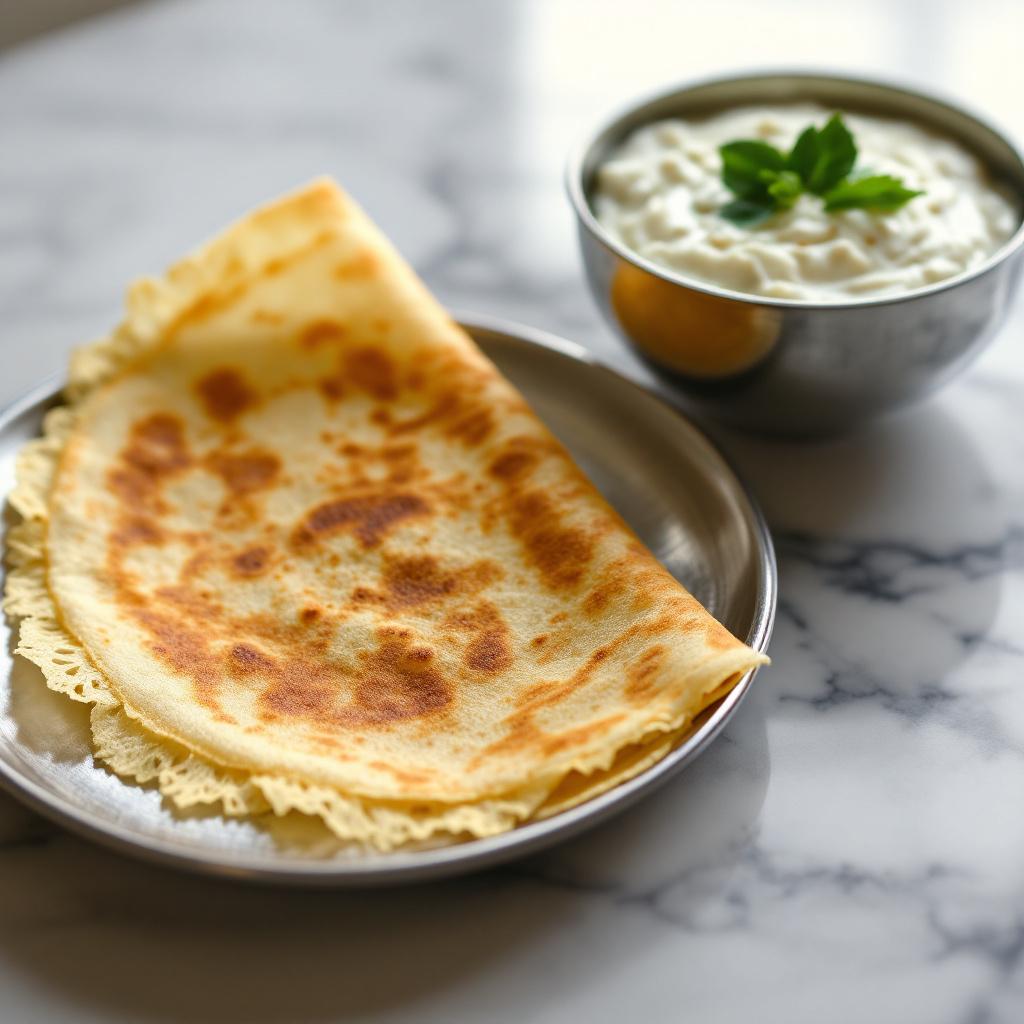 Crispy golden sada dosa with white coconut curry leaf chutney on a steel plate
