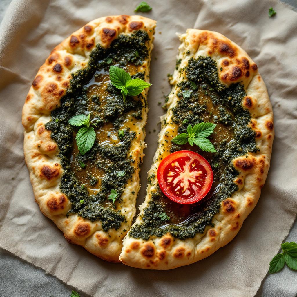 Lebanese manakish flatbread topped with green zaatar and olive oil torn open with tomato and mint
