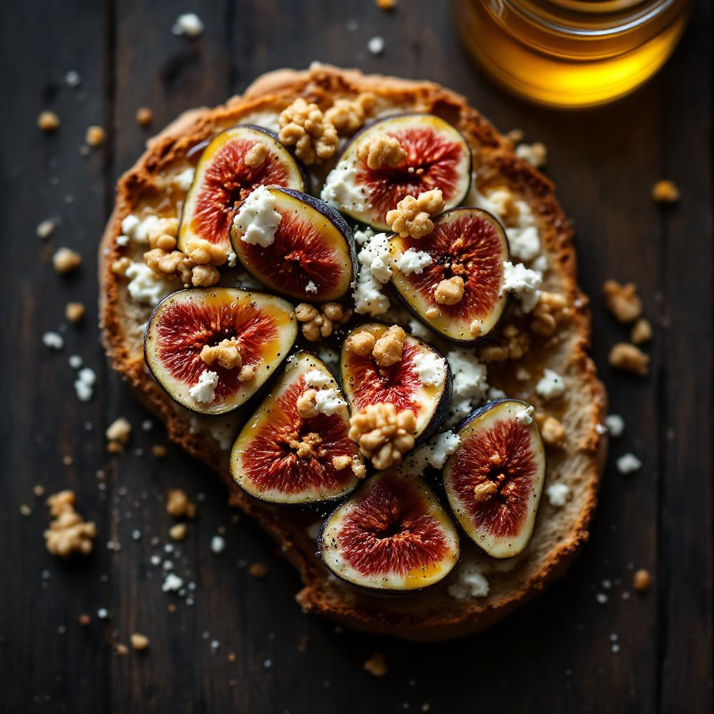 Fresh fig quarters with crumbled blue cheese and toasted walnut halves on tartine