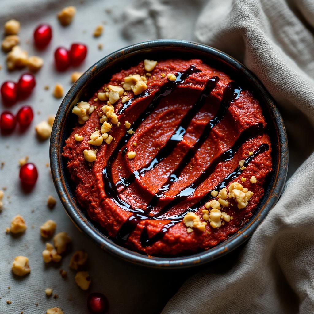 Deep red muhammara dip topped with crushed walnuts and pomegranate molasses drizzle