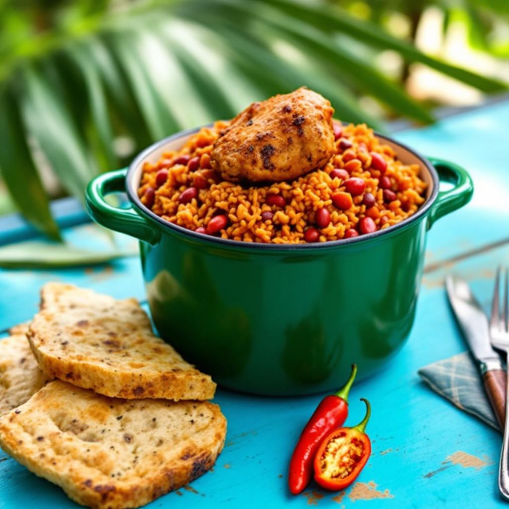 Belizean rice and beans with recado rojo in a green enameled pot with a chicken leg and habanero on the side