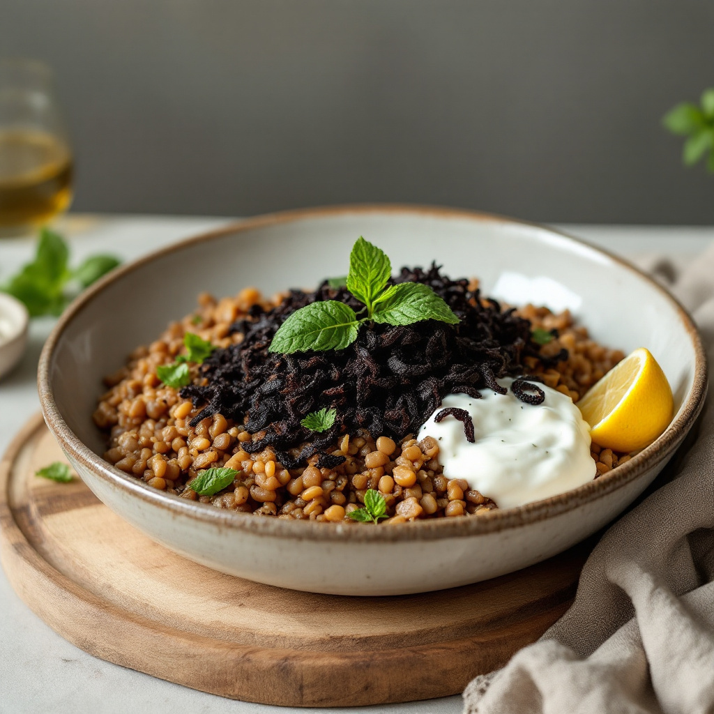 Lebanese mujadara with dark crispy onions piled on lentils and rice, garlic yogurt and torn mint on the side