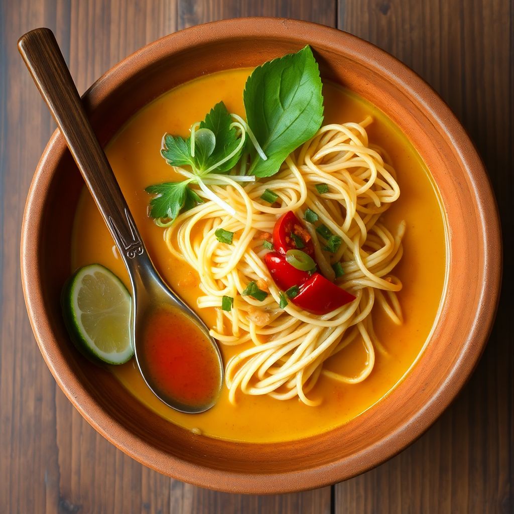 Khao Soi with crispy egg noodles, pickled greens and chili oil in a clay bowl