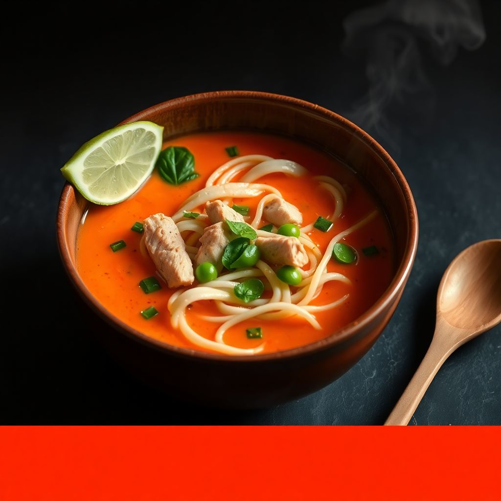 A bowl of Thai red curry coconut noodles with chicken, lime wedge, and basil