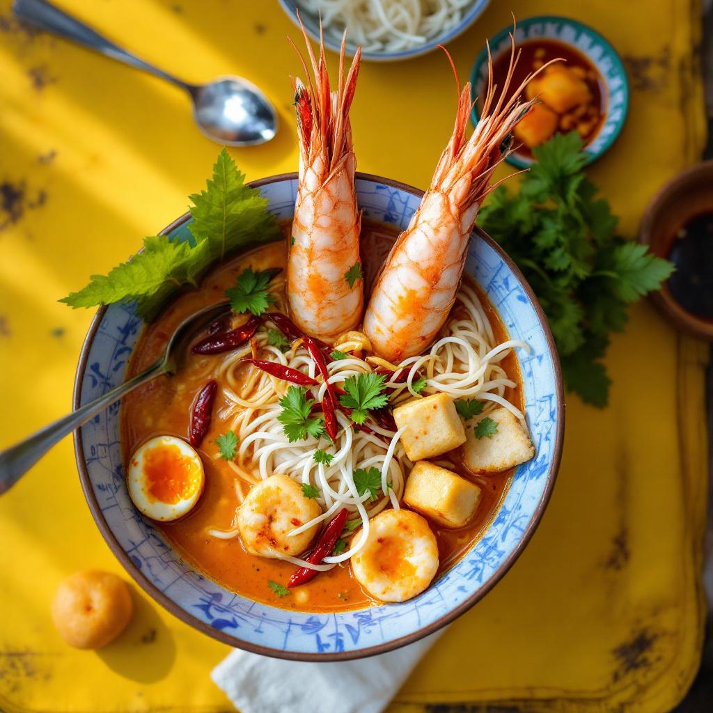 A vibrant bowl of curry laksa with coral orange coconut broth, thick rice noodles, large prawns, tofu puffs, fish cake slices, bean sprouts, a wedge of lime and a spoonful of sambal on the side, bright daylight