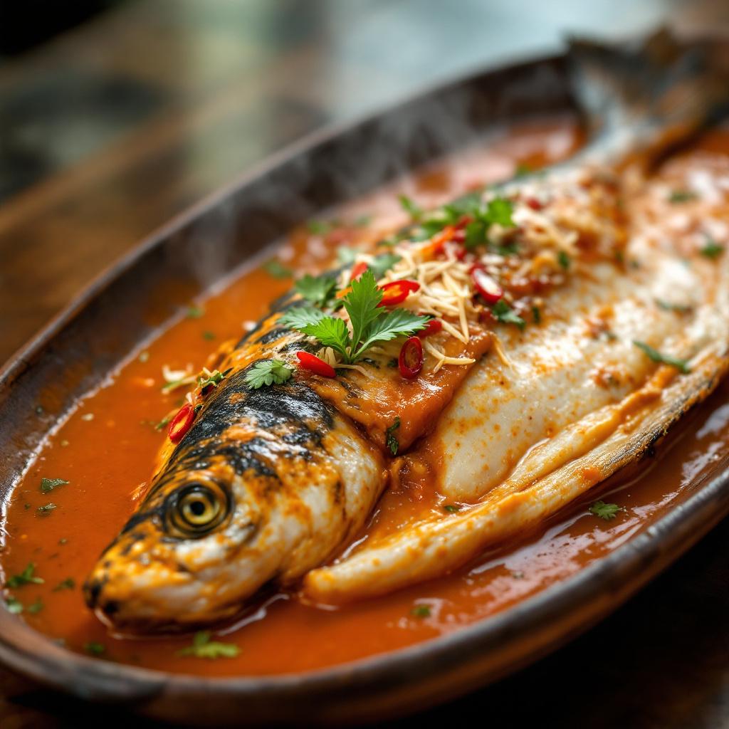 Choo Chee curry sauce spooned over pan-fried sea bass with lime leaves