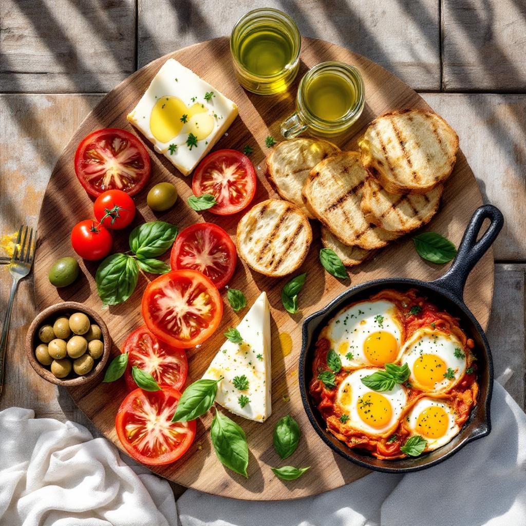 Aegean style Turkish breakfast with olives feta tomatoes and grilled bread