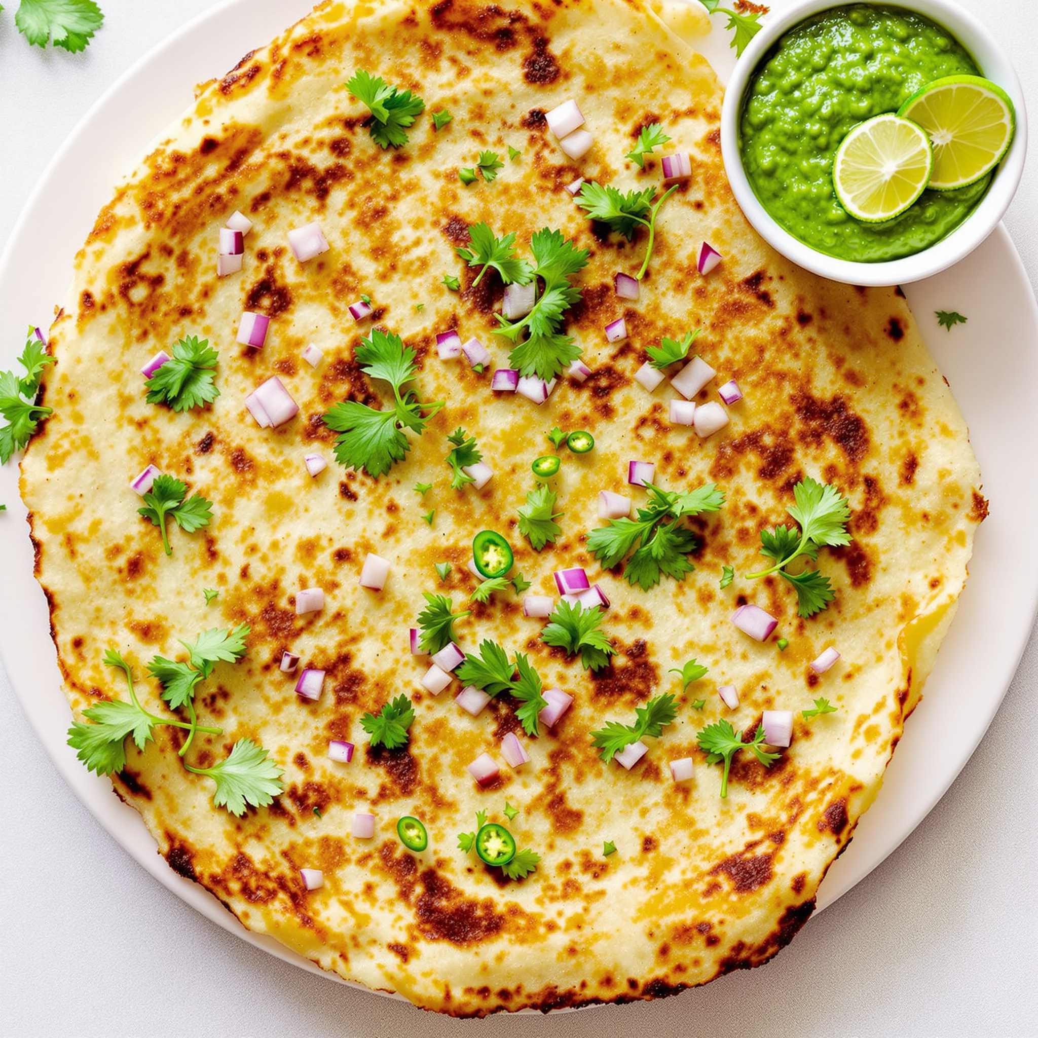 Thick onion uttapam with diced red onion and bright green coriander coconut chutney