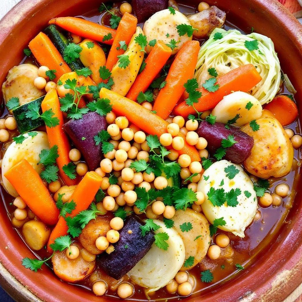 Berber seven-vegetable tagine with carrots, turnips, courgette and chickpeas