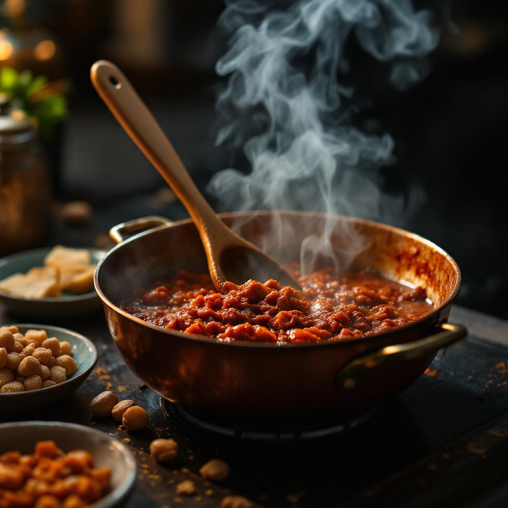 Dark mahogany sambal bajak in a copper pan with shallots and tamarind visible