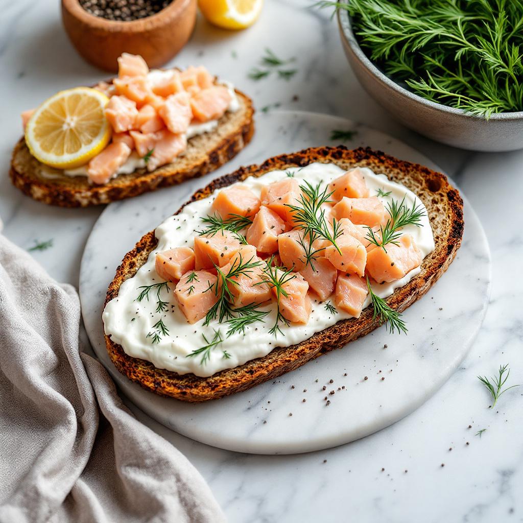 Smoked trout tartine with creme fraiche dollops and fresh dill on rye