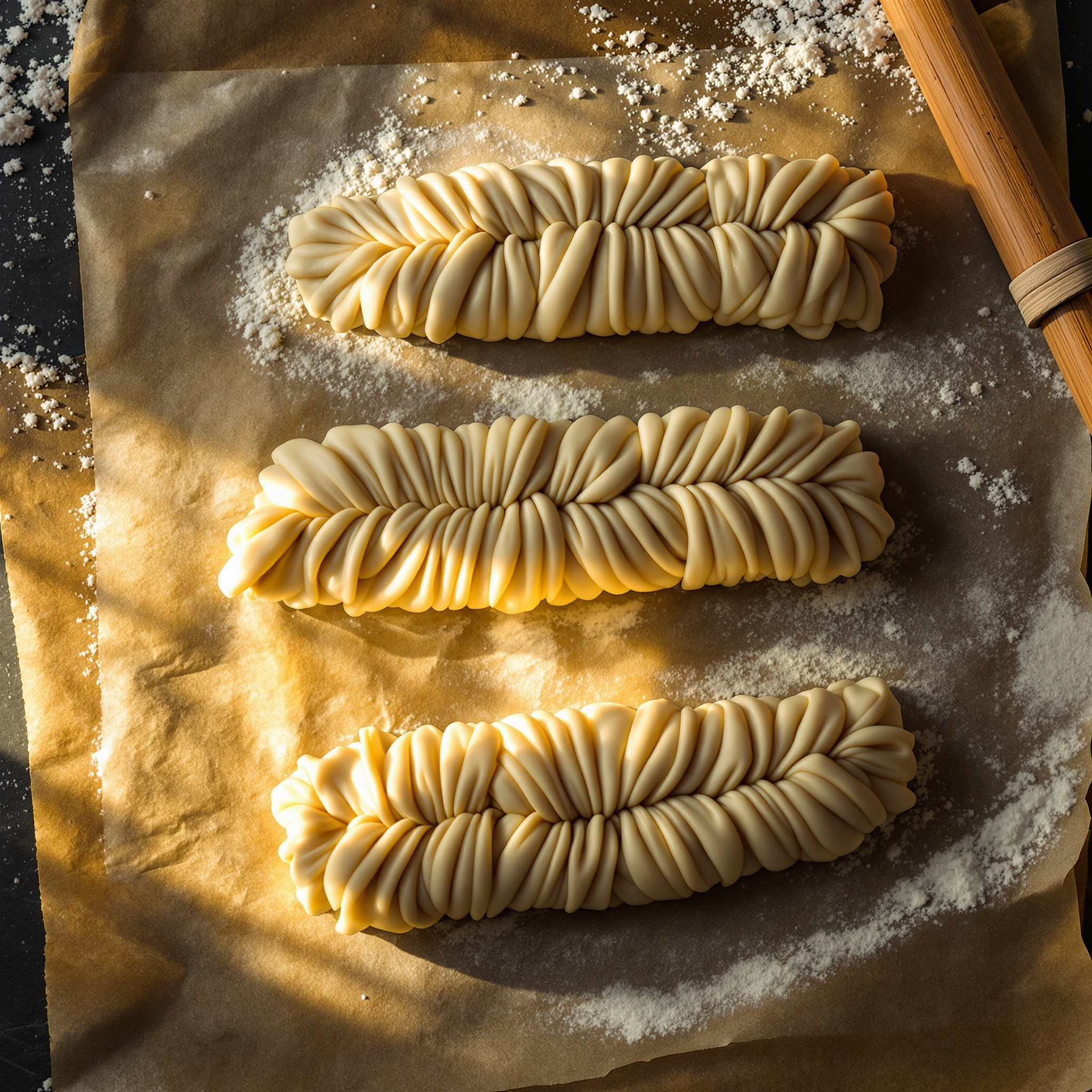 Overhead shot of three wheat-ear dumplings on parchment paper, braided seams running down the center, golden light from one side
