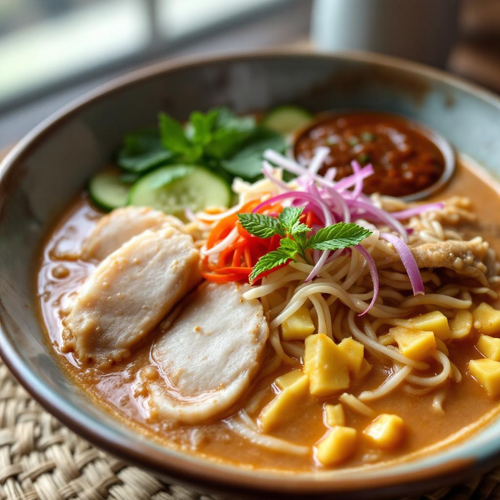 A bowl of Penang asam laksa with a pink-grey tamarind fish broth, thick white rice noodles, shredded mackerel, julienned cucumber, pineapple, red onion, mint, and a dark dollop of shrimp paste on the side, natural window light
