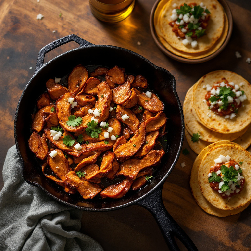 A cast-iron skillet holding thinly sliced marinated chicken cooked with dried ancho chile and achiote, served in warm corn tortillas with diced white onion, cilantro, and a wedge of lime, moody kitchen lighting with warm tones