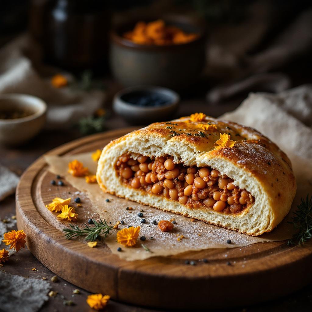 Lobiani Georgian bean bread cut open showing spiced red bean filling