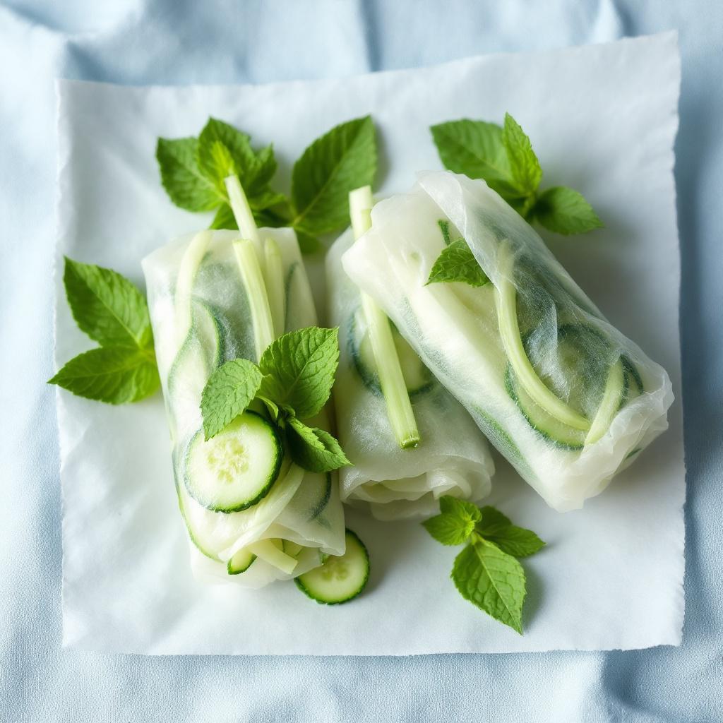 Minimalist cucumber ribbon rice paper roll with whole mint leaves pressed against the wrapper
