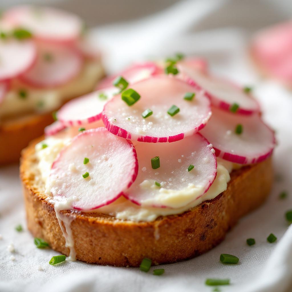 Sliced pink radishes on salted butter tartine with sea salt flakes on white linen
