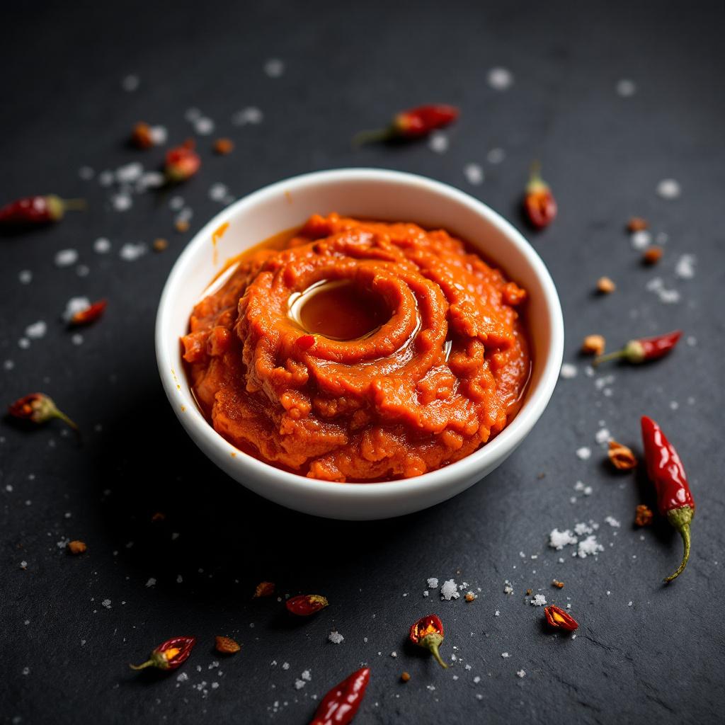 Fierce orange red sambal rawit with crushed bird's eye chilies in a small saucer