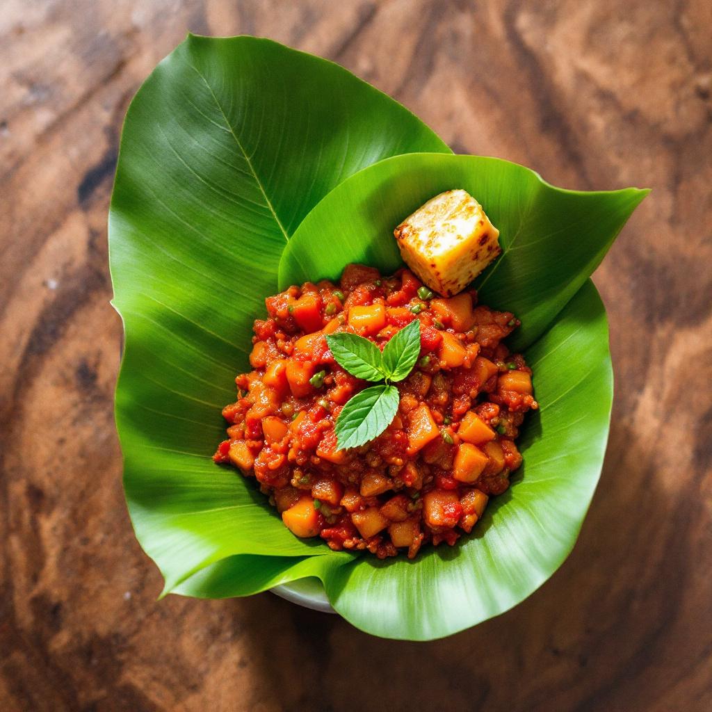 Brick red sambal terasi with tomato chunks in a banana leaf lined bowl