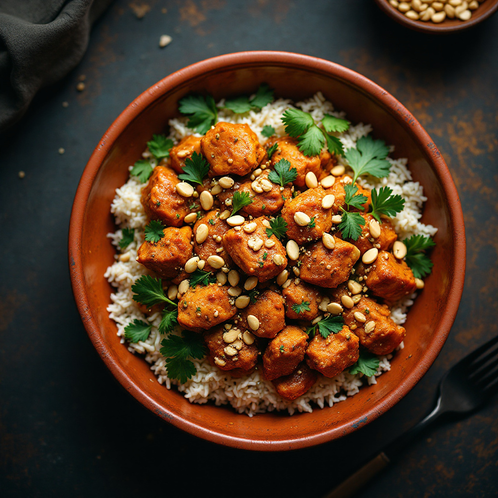 Overhead shot of a West African peanut tomato chicken bowl in a wide ceramic dish, rich reddish-brown peanut sauce over spiced rice, garnished with crushed peanuts and fresh cilantro, warm moody lighting, vibrant colors
