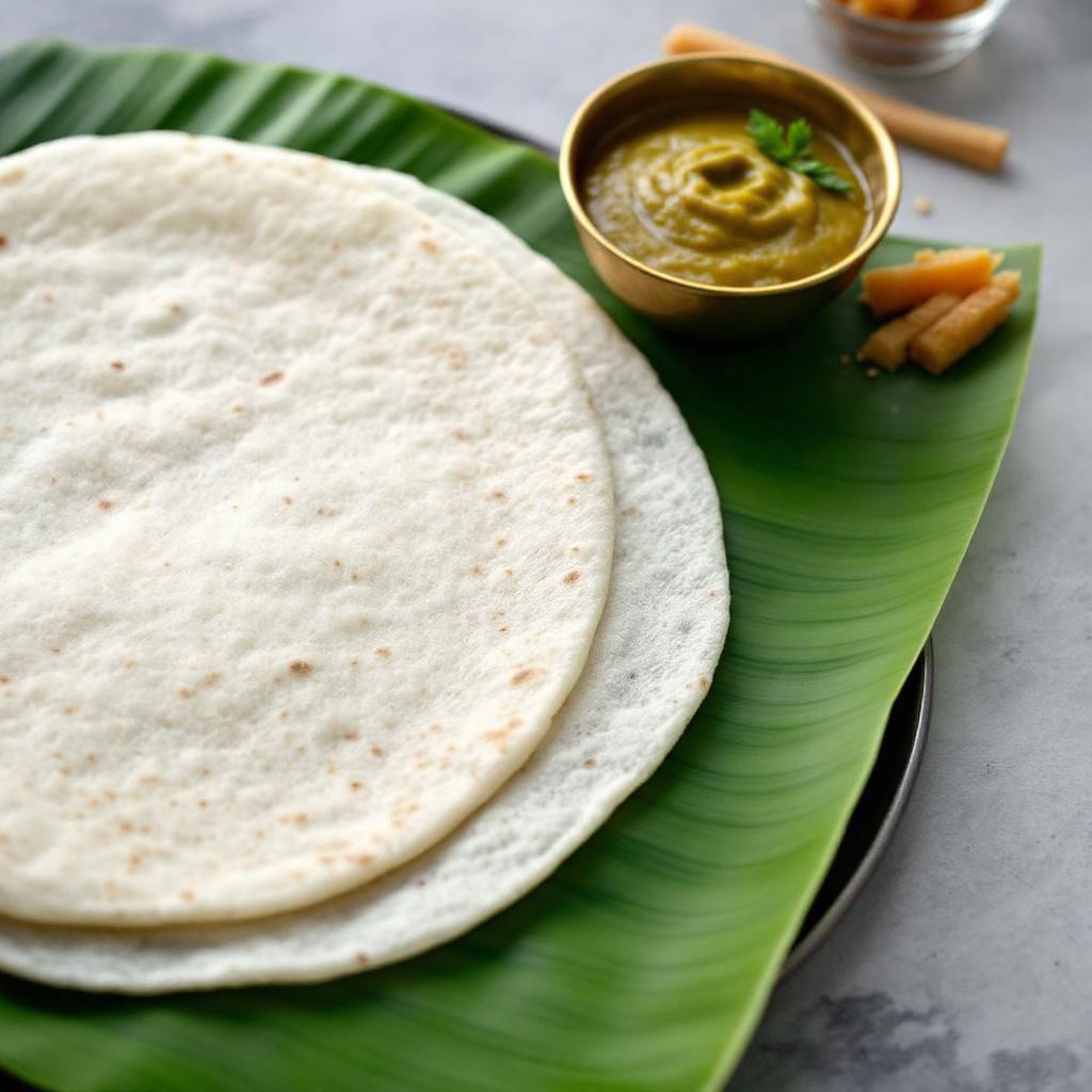 White soft neer dosa folded on banana leaf with thin coconut green chili chutney
