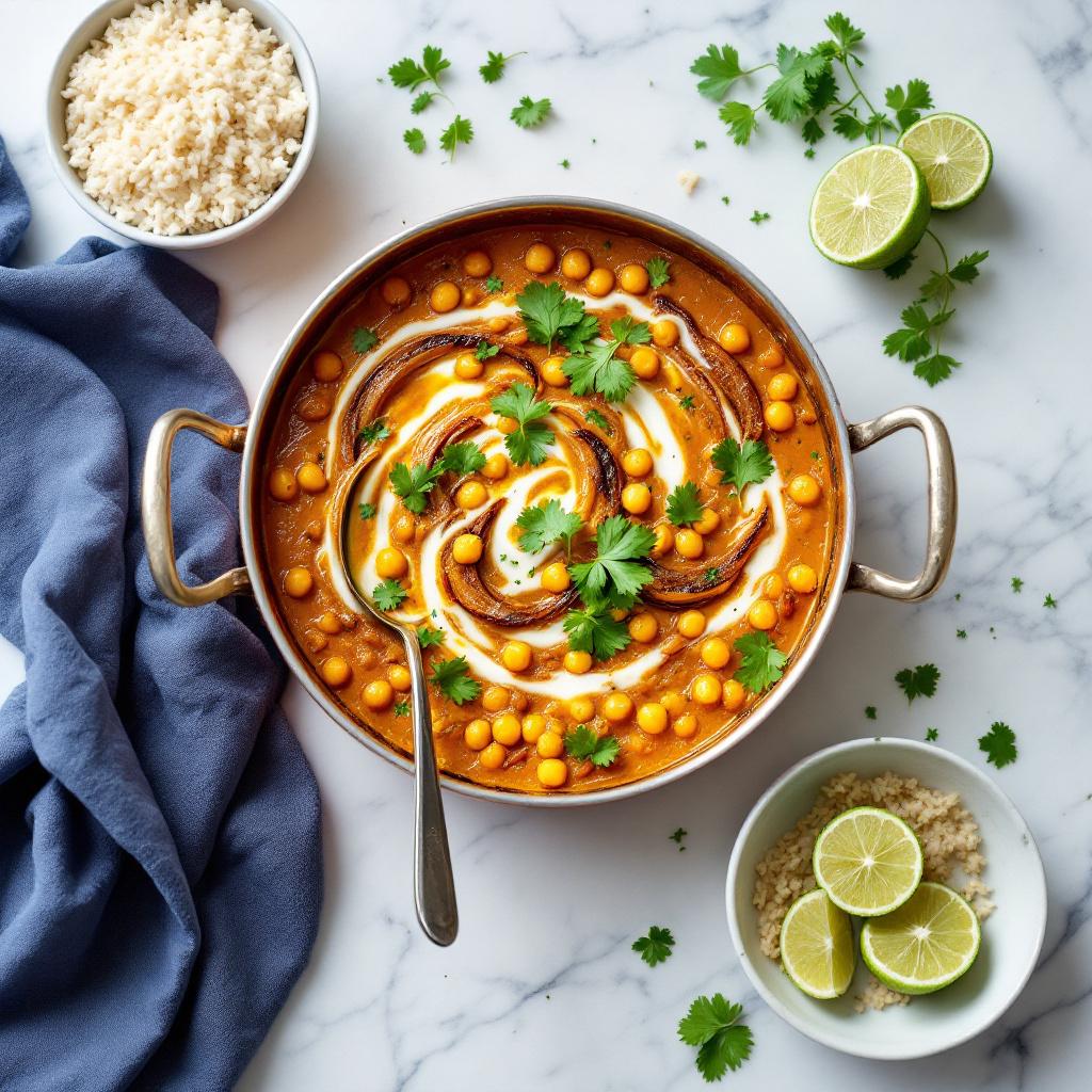 A bronze copper-bottomed pan of chickpea coconut curry with golden onions, garam masala and fresh cilantro on top