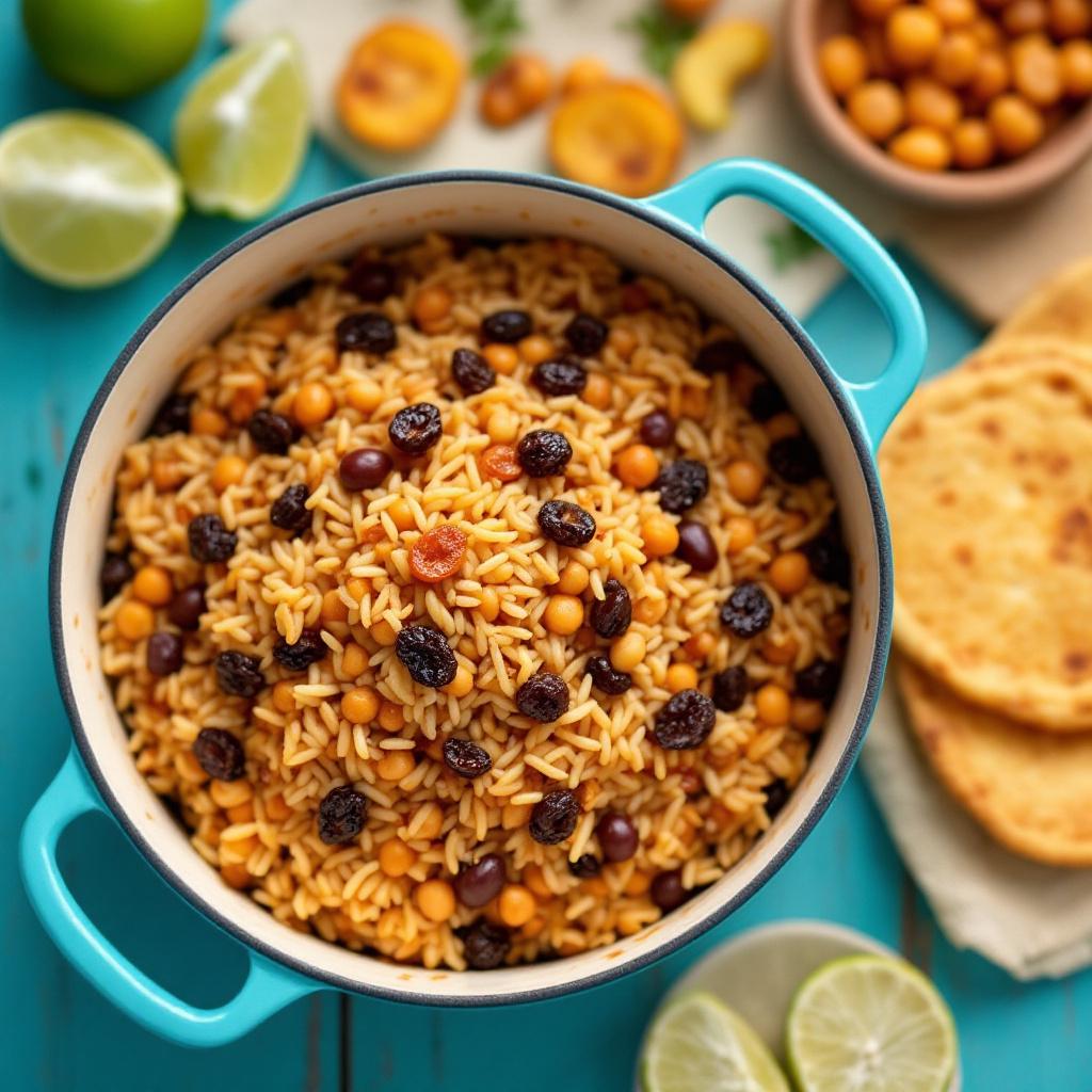 Cartagena arroz con coco y frijoles cabecita negra in a turquoise enameled pot with raisins and lime