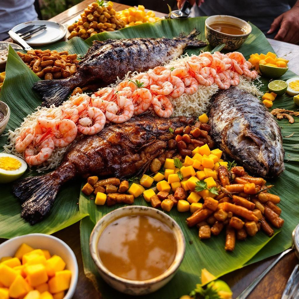 Filipino kamayan feast piled with grilled chicken inasal, whole grilled fish, shrimp, longanisa, and vegetables on banana leaves