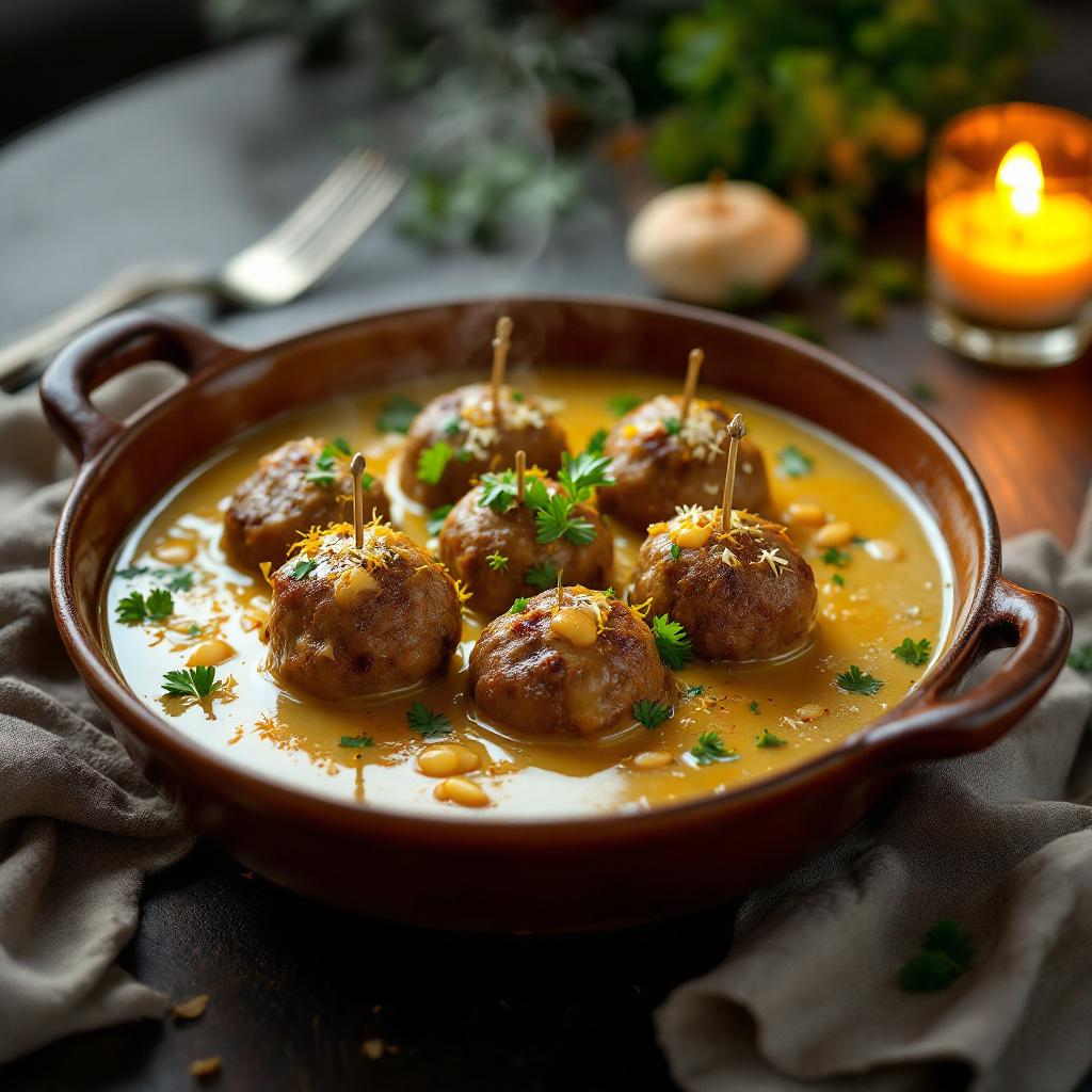 Small lamb meatballs in pale golden almond sauce served in a ceramic dish